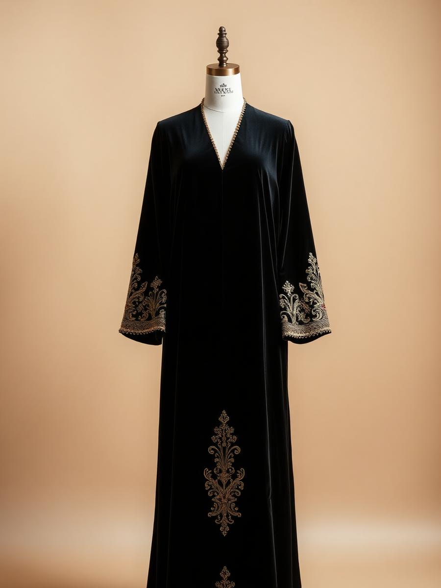 Danat Layla abaya — Velvet · Gold Embroidery